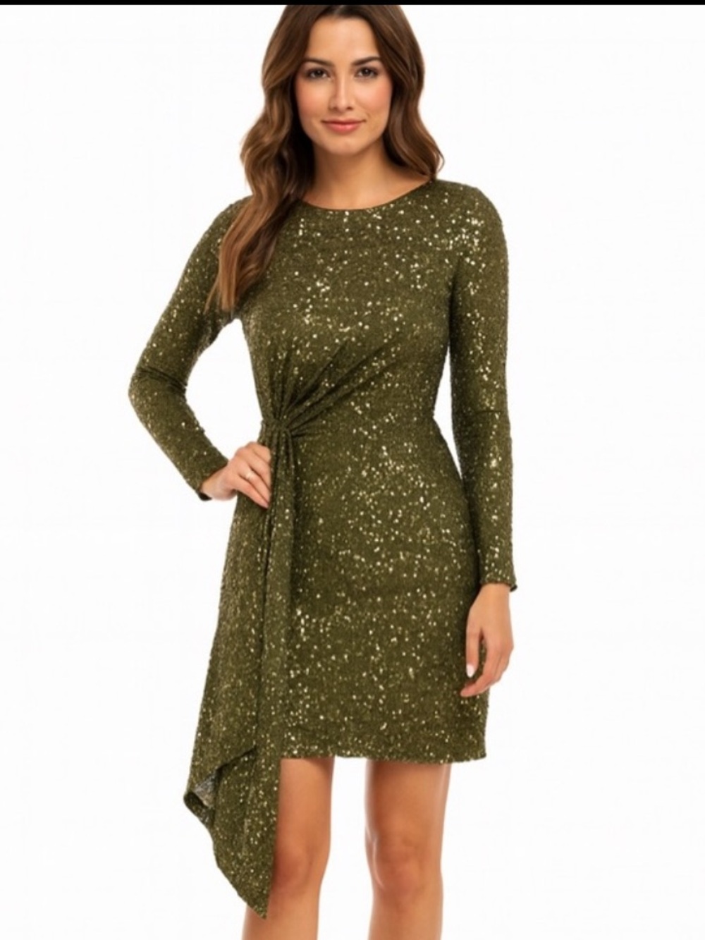 Olive Green Sequin Cocktail Dress✨ Draped Asymmetrical Party Taylor Sz 8
